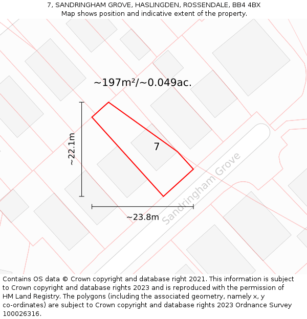 7, SANDRINGHAM GROVE, HASLINGDEN, ROSSENDALE, BB4 4BX: Plot and title map