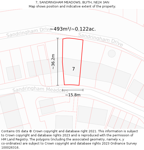 7, SANDRINGHAM MEADOWS, BLYTH, NE24 3AN: Plot and title map