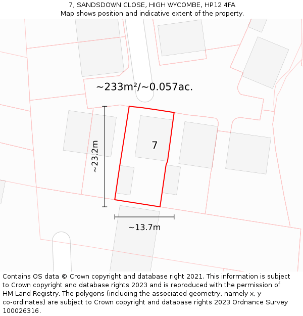 7, SANDSDOWN CLOSE, HIGH WYCOMBE, HP12 4FA: Plot and title map