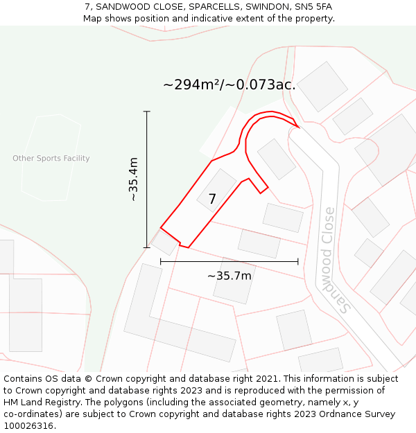7, SANDWOOD CLOSE, SPARCELLS, SWINDON, SN5 5FA: Plot and title map