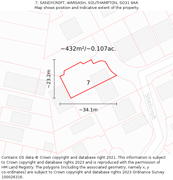 7, SANDYCROFT, WARSASH, SOUTHAMPTON, SO31 9AA: Plot and title map
