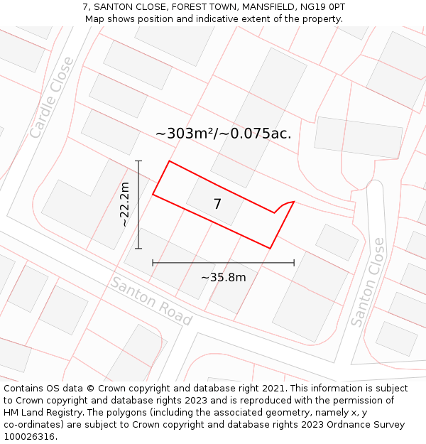 7, SANTON CLOSE, FOREST TOWN, MANSFIELD, NG19 0PT: Plot and title map