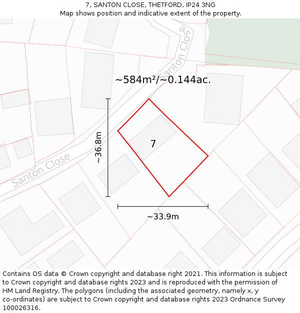 7, SANTON CLOSE, THETFORD, IP24 3NG: Plot and title map