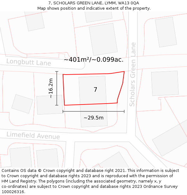 7, SCHOLARS GREEN LANE, LYMM, WA13 0QA: Plot and title map