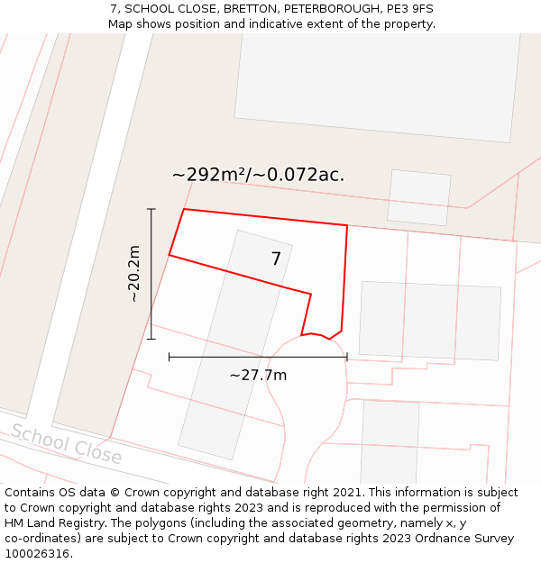 7, SCHOOL CLOSE, BRETTON, PETERBOROUGH, PE3 9FS: Plot and title map