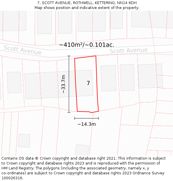 7, SCOTT AVENUE, ROTHWELL, KETTERING, NN14 6DH: Plot and title map
