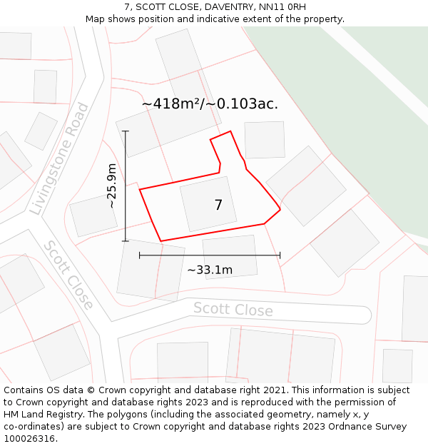 7, SCOTT CLOSE, DAVENTRY, NN11 0RH: Plot and title map