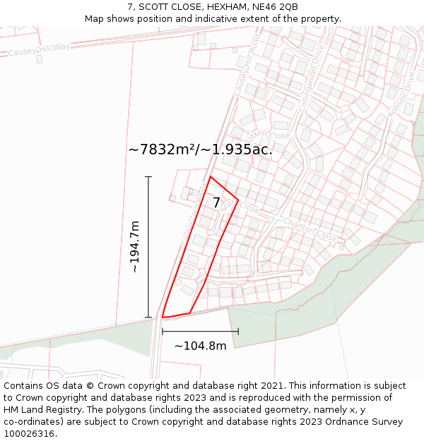 7, SCOTT CLOSE, HEXHAM, NE46 2QB: Plot and title map
