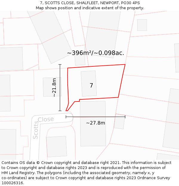 7, SCOTTS CLOSE, SHALFLEET, NEWPORT, PO30 4PS: Plot and title map