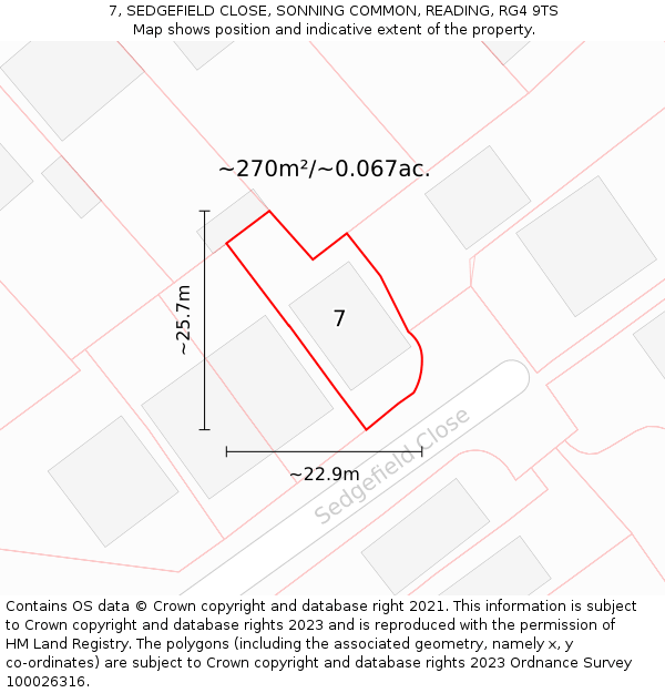7, SEDGEFIELD CLOSE, SONNING COMMON, READING, RG4 9TS: Plot and title map