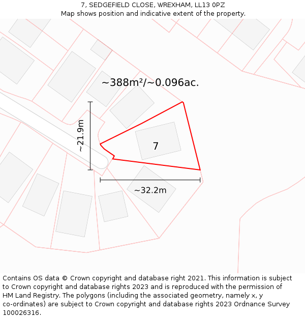 7, SEDGEFIELD CLOSE, WREXHAM, LL13 0PZ: Plot and title map