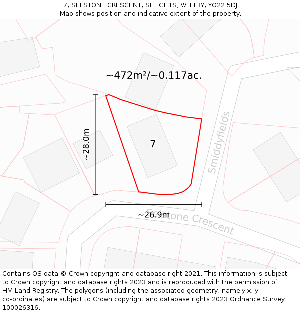 7, SELSTONE CRESCENT, SLEIGHTS, WHITBY, YO22 5DJ: Plot and title map