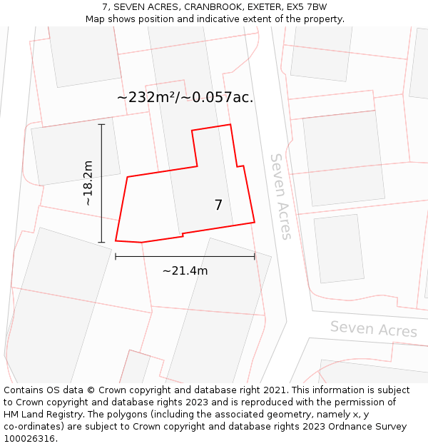 7, SEVEN ACRES, CRANBROOK, EXETER, EX5 7BW: Plot and title map