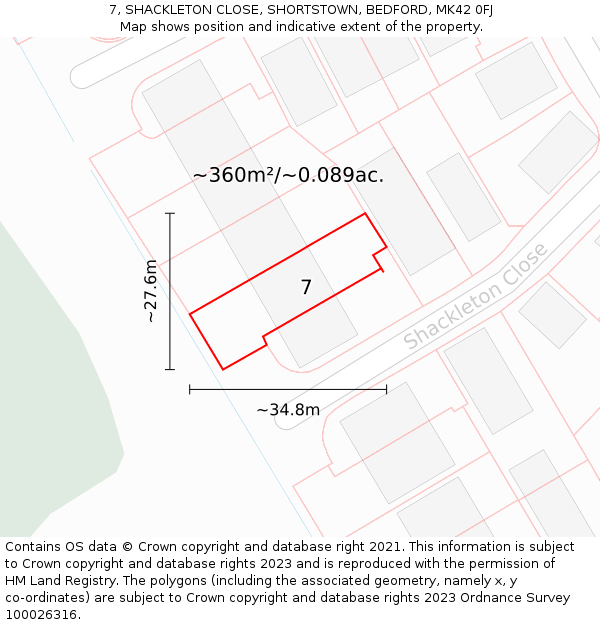 7, SHACKLETON CLOSE, SHORTSTOWN, BEDFORD, MK42 0FJ: Plot and title map