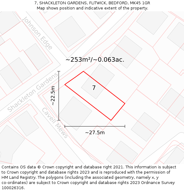 7, SHACKLETON GARDENS, FLITWICK, BEDFORD, MK45 1GR: Plot and title map