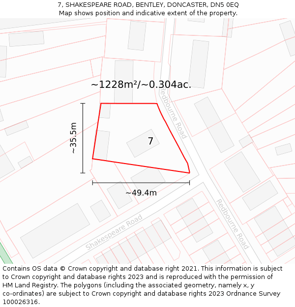 7, SHAKESPEARE ROAD, BENTLEY, DONCASTER, DN5 0EQ: Plot and title map