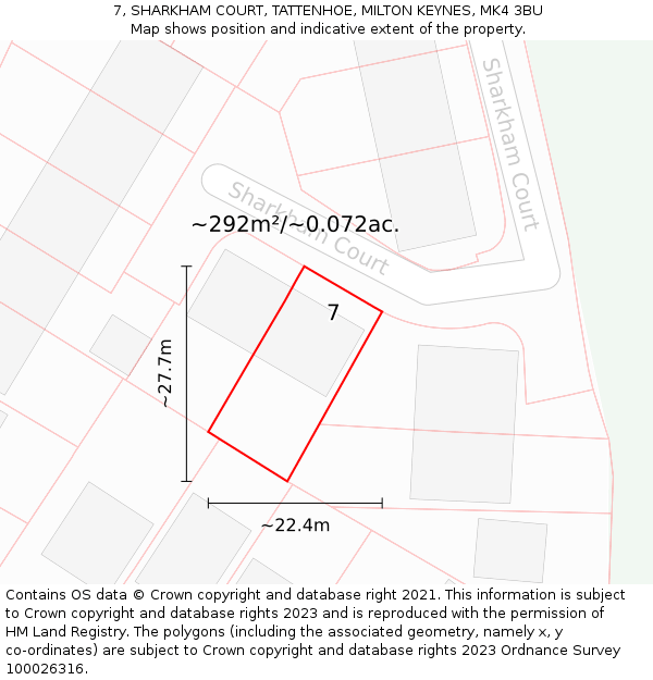 7, SHARKHAM COURT, TATTENHOE, MILTON KEYNES, MK4 3BU: Plot and title map