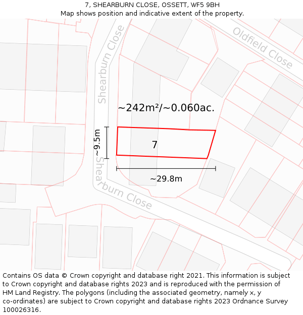 7, SHEARBURN CLOSE, OSSETT, WF5 9BH: Plot and title map