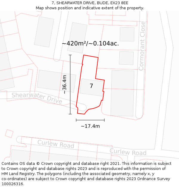 7, SHEARWATER DRIVE, BUDE, EX23 8EE: Plot and title map