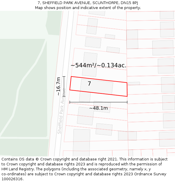 7, SHEFFIELD PARK AVENUE, SCUNTHORPE, DN15 8PJ: Plot and title map