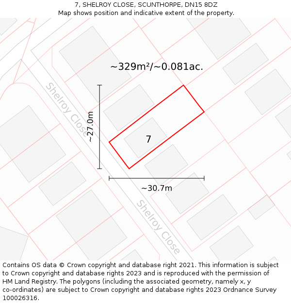 7, SHELROY CLOSE, SCUNTHORPE, DN15 8DZ: Plot and title map