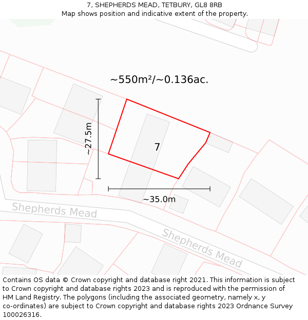 7, SHEPHERDS MEAD, TETBURY, GL8 8RB: Plot and title map