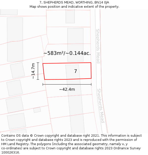 7, SHEPHERDS MEAD, WORTHING, BN14 0JA: Plot and title map