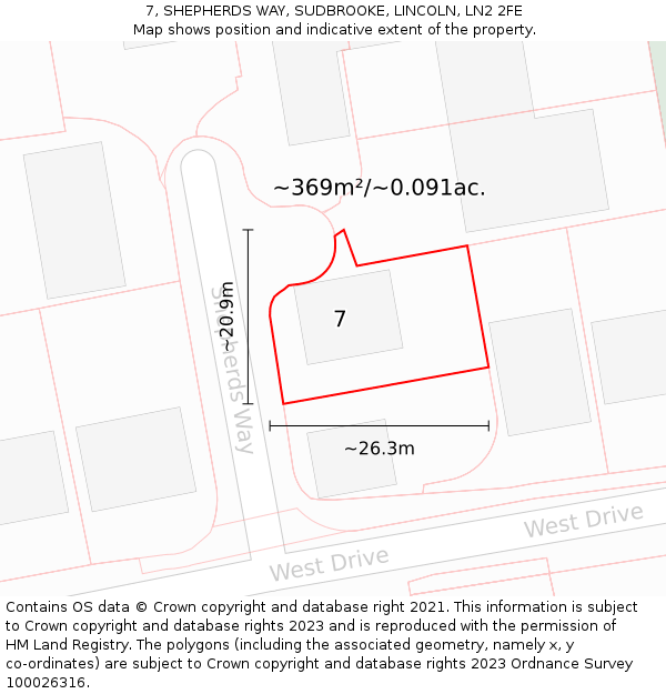 7, SHEPHERDS WAY, SUDBROOKE, LINCOLN, LN2 2FE: Plot and title map