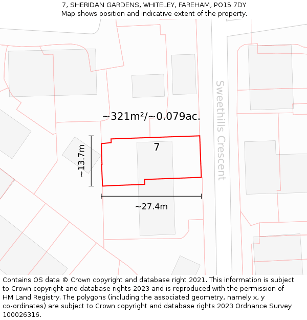 7, SHERIDAN GARDENS, WHITELEY, FAREHAM, PO15 7DY: Plot and title map
