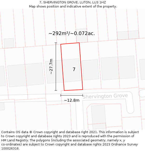 7, SHERVINGTON GROVE, LUTON, LU3 1HZ: Plot and title map