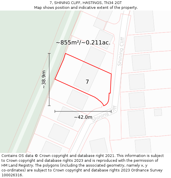 7, SHINING CLIFF, HASTINGS, TN34 2GT: Plot and title map