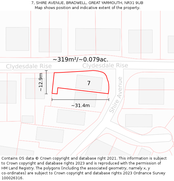 7, SHIRE AVENUE, BRADWELL, GREAT YARMOUTH, NR31 9UB: Plot and title map