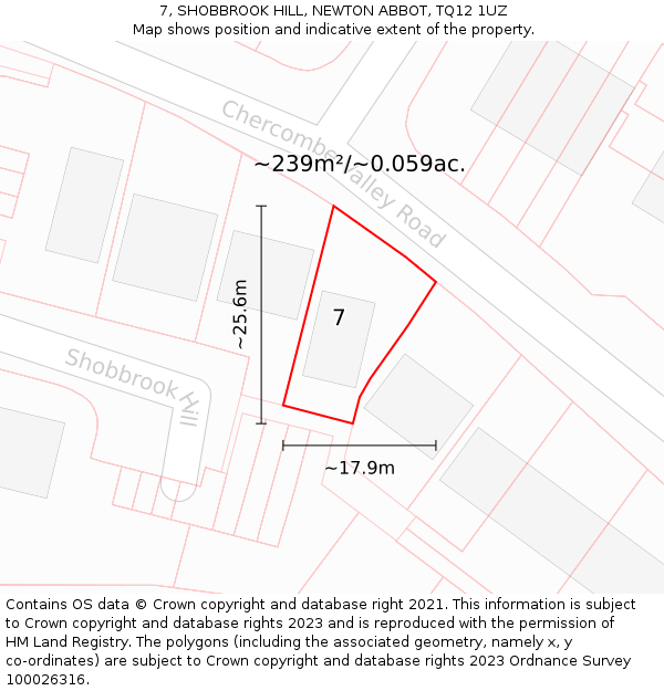 7, SHOBBROOK HILL, NEWTON ABBOT, TQ12 1UZ: Plot and title map