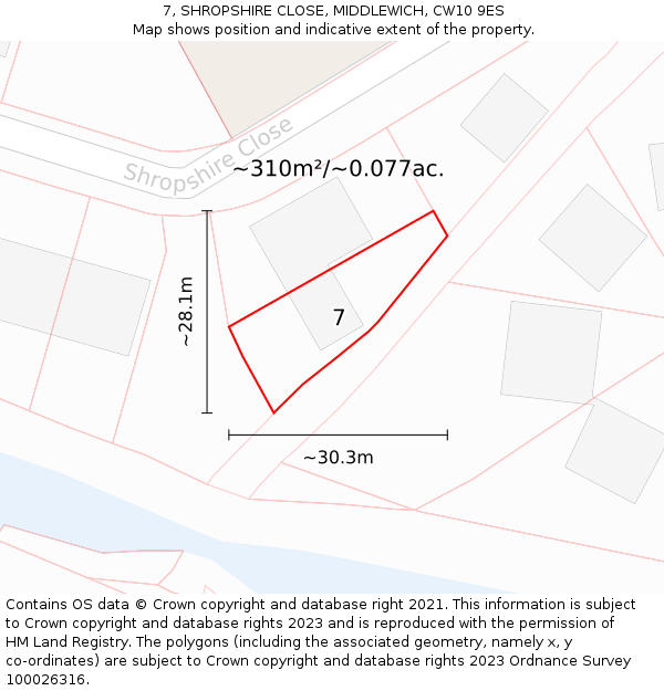 7, SHROPSHIRE CLOSE, MIDDLEWICH, CW10 9ES: Plot and title map