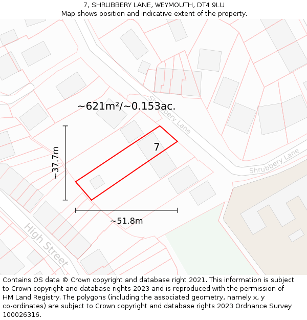 7, SHRUBBERY LANE, WEYMOUTH, DT4 9LU: Plot and title map