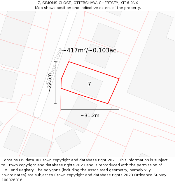 7, SIMONS CLOSE, OTTERSHAW, CHERTSEY, KT16 0NX: Plot and title map
