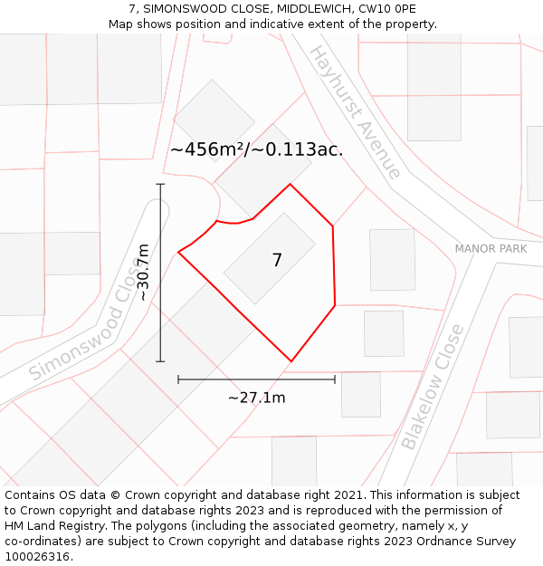 7, SIMONSWOOD CLOSE, MIDDLEWICH, CW10 0PE: Plot and title map