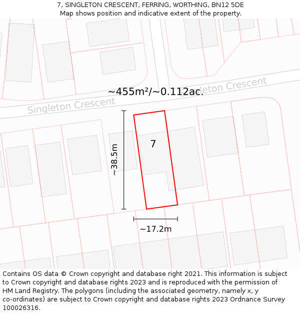 7, SINGLETON CRESCENT, FERRING, WORTHING, BN12 5DE: Plot and title map
