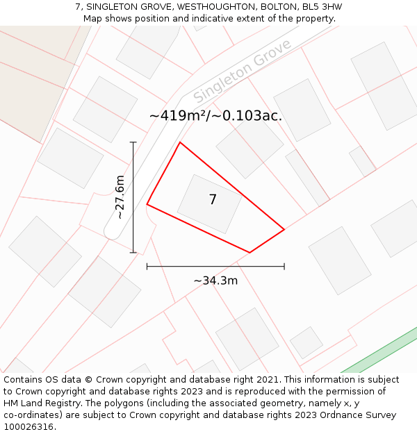 7, SINGLETON GROVE, WESTHOUGHTON, BOLTON, BL5 3HW: Plot and title map
