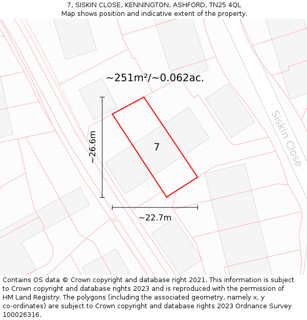 7, SISKIN CLOSE, KENNINGTON, ASHFORD, TN25 4QL: Plot and title map
