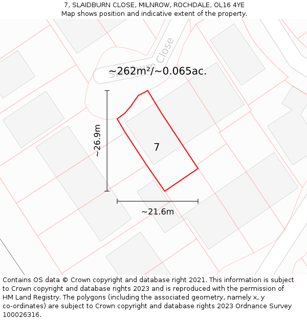 7, SLAIDBURN CLOSE, MILNROW, ROCHDALE, OL16 4YE: Plot and title map