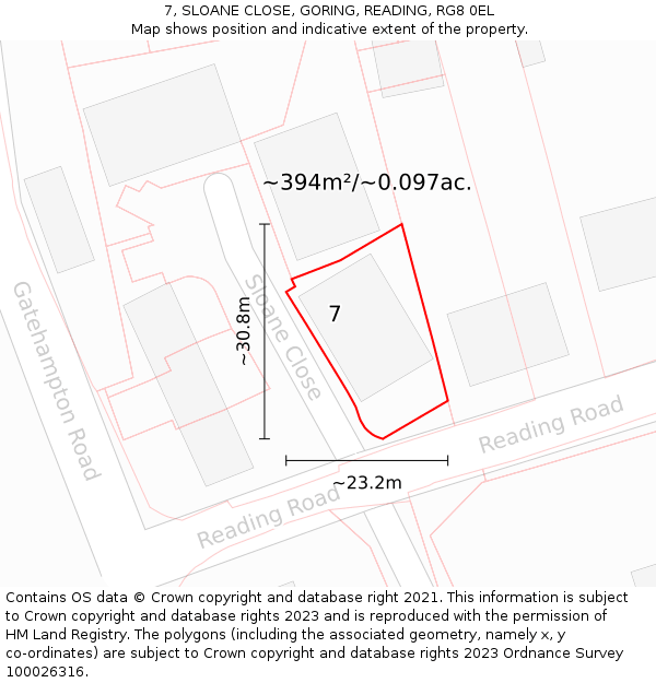7, SLOANE CLOSE, GORING, READING, RG8 0EL: Plot and title map