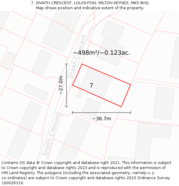 7, SNAITH CRESCENT, LOUGHTON, MILTON KEYNES, MK5 8HQ: Plot and title map