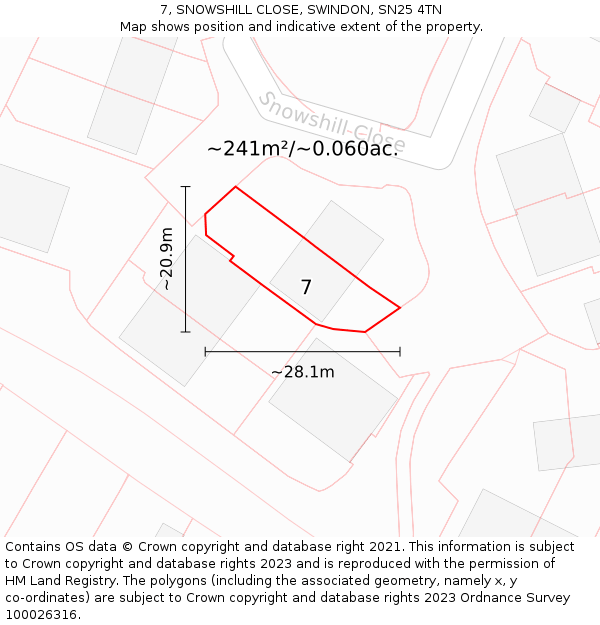 7, SNOWSHILL CLOSE, SWINDON, SN25 4TN: Plot and title map
