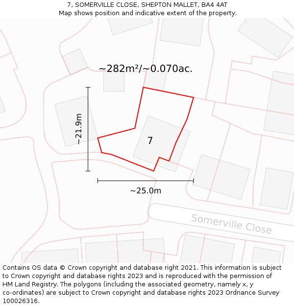 7, SOMERVILLE CLOSE, SHEPTON MALLET, BA4 4AT: Plot and title map