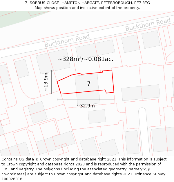 7, SORBUS CLOSE, HAMPTON HARGATE, PETERBOROUGH, PE7 8EG: Plot and title map