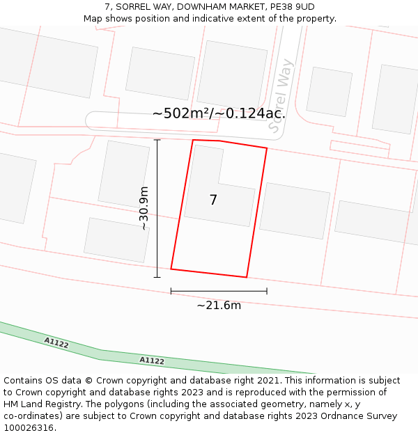 7, SORREL WAY, DOWNHAM MARKET, PE38 9UD: Plot and title map