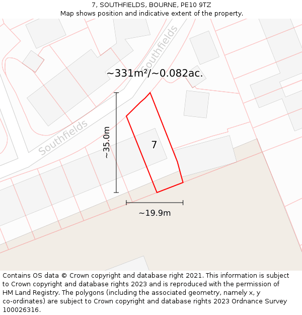 7, SOUTHFIELDS, BOURNE, PE10 9TZ: Plot and title map