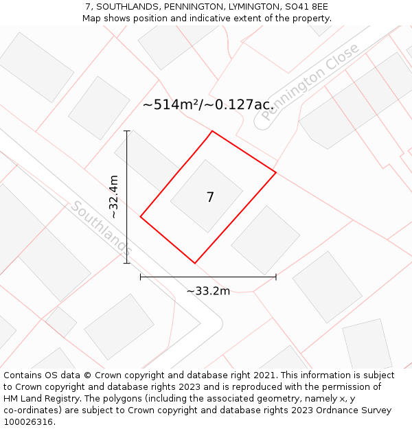 7, SOUTHLANDS, PENNINGTON, LYMINGTON, SO41 8EE: Plot and title map