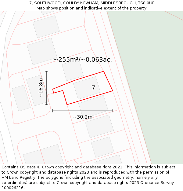7, SOUTHWOOD, COULBY NEWHAM, MIDDLESBROUGH, TS8 0UE: Plot and title map